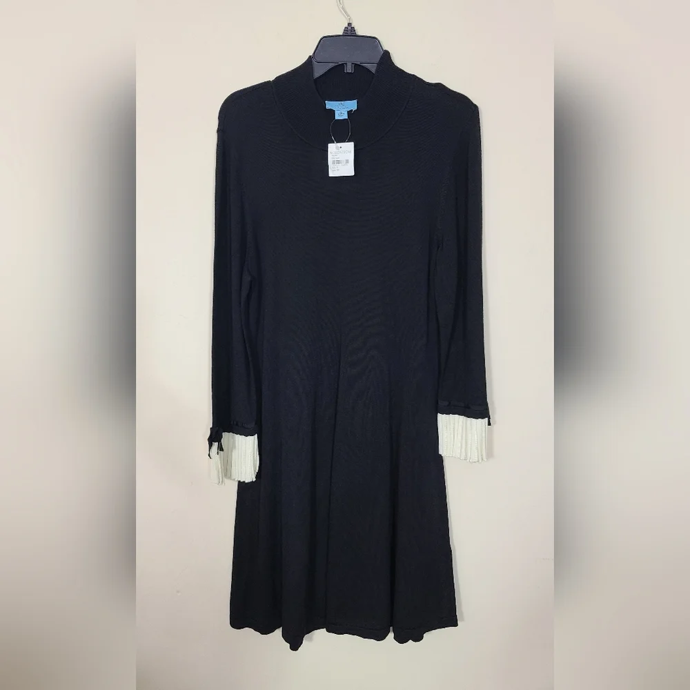 CeCe Womens XL Black Sweater Dress White Pleated Cuffs‎ Mockneck Preppy Casual
